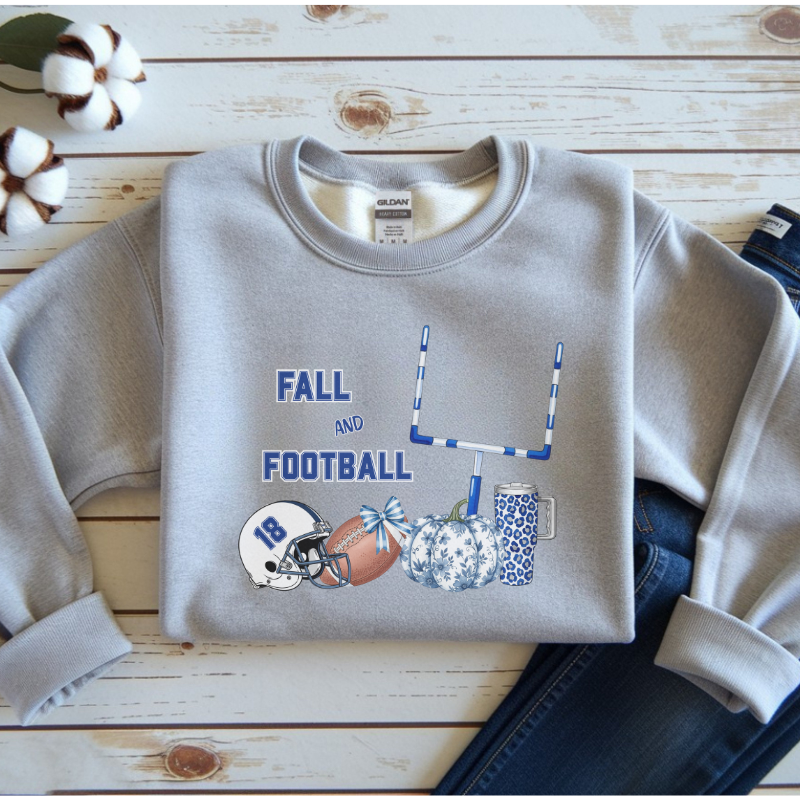 Fall and Football Crewneck Sweatshirt | Cozy Unisex Heavy Blend Game Day Sweater with Pumpkins & Goal Post | Autumn Sports Fan Outfit