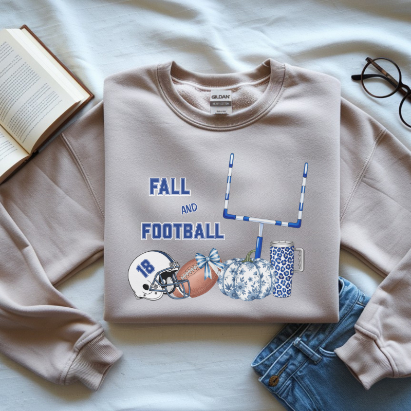 Fall and Football Crewneck Sweatshirt | Cozy Unisex Heavy Blend Game Day Sweater with Pumpkins & Goal Post | Autumn Sports Fan Outfit