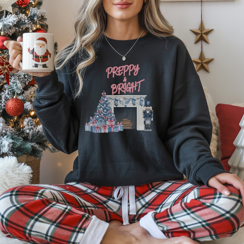 Preppy & Bright Christmas Sweatshirt | Blue Pink Holiday Crewneck with Nutcracker, Tree & Fireplace | Cozy Unisex Festive Winter Sweater