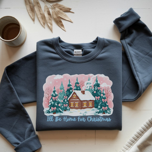 I’ll Be Home for Christmas Sweatshirt | Cozy Green Holiday Crewneck with Winter Cabin & Trees | Festive Christmas Sweater Gift