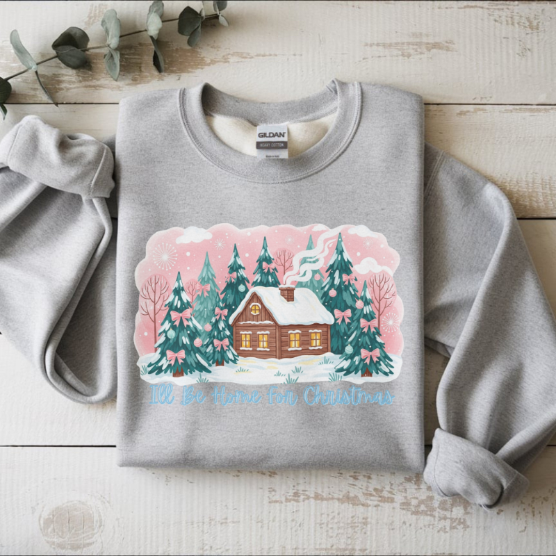 I’ll Be Home for Christmas Sweatshirt | Cozy Green Holiday Crewneck with Winter Cabin & Trees | Festive Christmas Sweater Gift