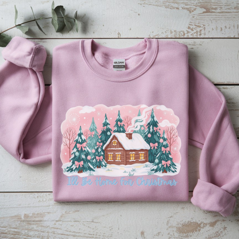 I’ll Be Home for Christmas Sweatshirt | Cozy Green Holiday Crewneck with Winter Cabin & Trees | Festive Christmas Sweater Gift