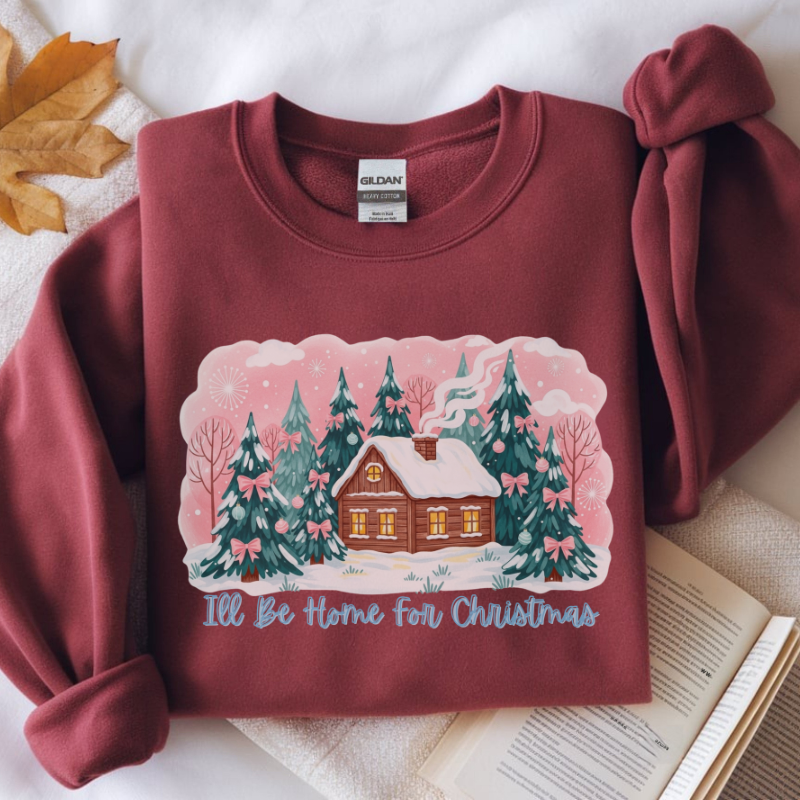 I’ll Be Home for Christmas Sweatshirt | Cozy Green Holiday Crewneck with Winter Cabin & Trees | Festive Christmas Sweater Gift