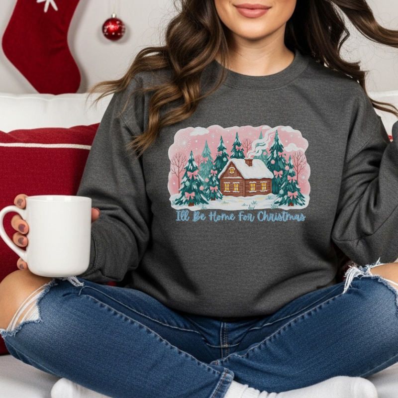 I’ll Be Home for Christmas Sweatshirt | Cozy Green Holiday Crewneck with Winter Cabin & Trees | Festive Christmas Sweater Gift