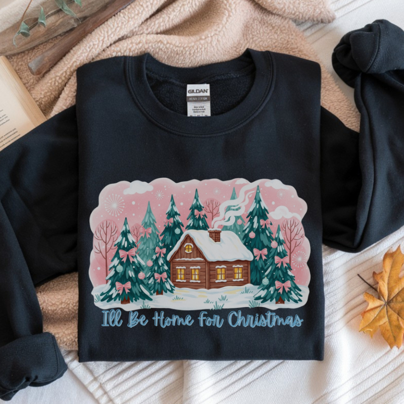 I’ll Be Home for Christmas Sweatshirt | Cozy Green Holiday Crewneck with Winter Cabin & Trees | Festive Christmas Sweater Gift