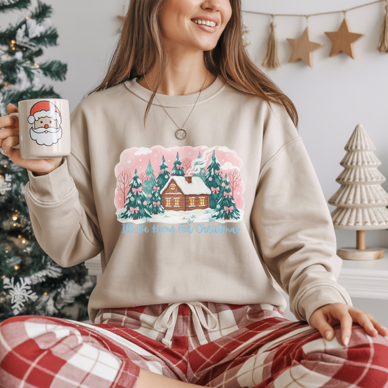 I’ll Be Home for Christmas Sweatshirt | Cozy Green Holiday Crewneck with Winter Cabin & Trees | Festive Christmas Sweater Gift