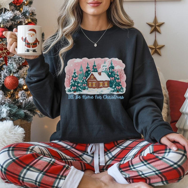 I’ll Be Home for Christmas Sweatshirt | Cozy Green Holiday Crewneck with Winter Cabin & Trees | Festive Christmas Sweater Gift