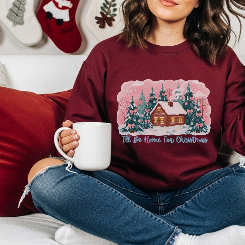 I’ll Be Home for Christmas Sweatshirt | Cozy Green Holiday Crewneck with Winter Cabin & Trees | Festive Christmas Sweater Gift