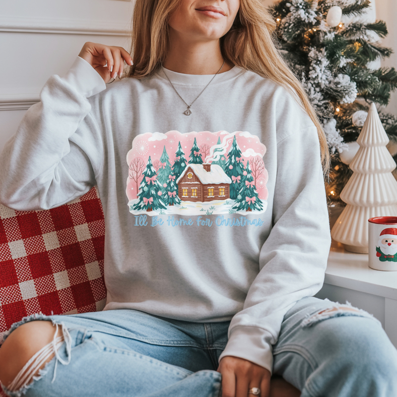 I’ll Be Home for Christmas Sweatshirt | Cozy Green Holiday Crewneck with Winter Cabin & Trees | Festive Christmas Sweater Gift