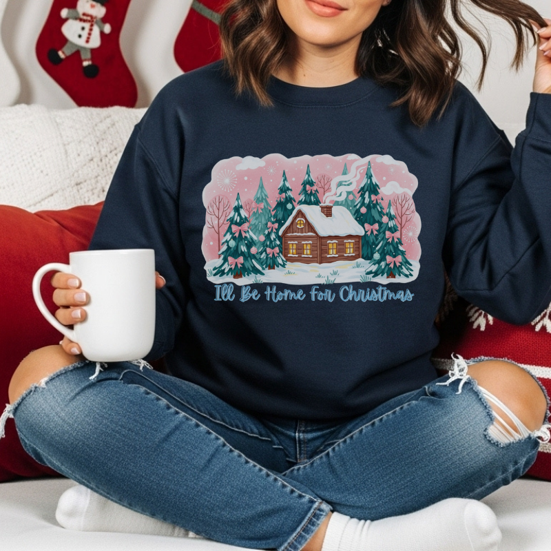 I’ll Be Home for Christmas Sweatshirt | Cozy Green Holiday Crewneck with Winter Cabin & Trees | Festive Christmas Sweater Gift
