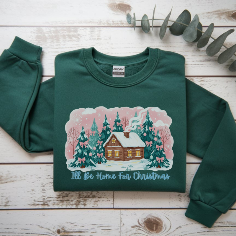 I’ll Be Home for Christmas Sweatshirt | Cozy Green Holiday Crewneck with Winter Cabin & Trees | Festive Christmas Sweater Gift