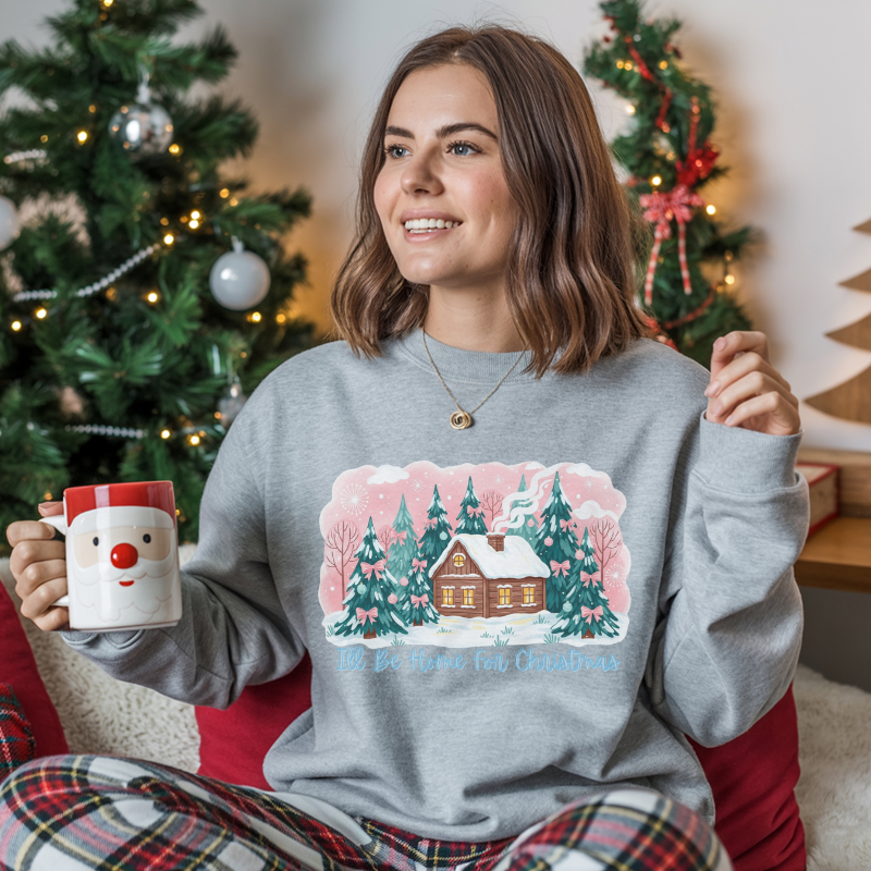 I’ll Be Home for Christmas Sweatshirt | Cozy Green Holiday Crewneck with Winter Cabin & Trees | Festive Christmas Sweater Gift