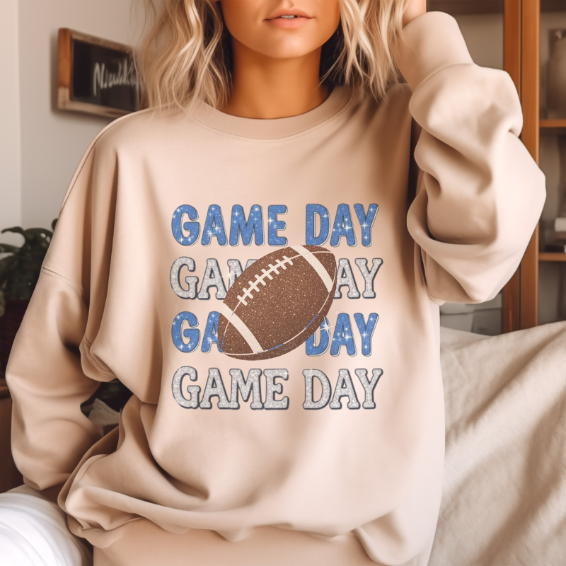 Game Day Football Shirt | Sparkly Glitter Football Graphic Tee | Cute Blue & Silver Football Shirt for Women | Trendy Sports Outfit