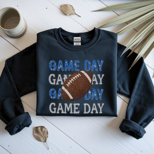 Game Day Football Shirt | Sparkly Glitter Football Graphic Tee | Cute Blue & Silver Football Shirt for Women | Trendy Sports Outfit