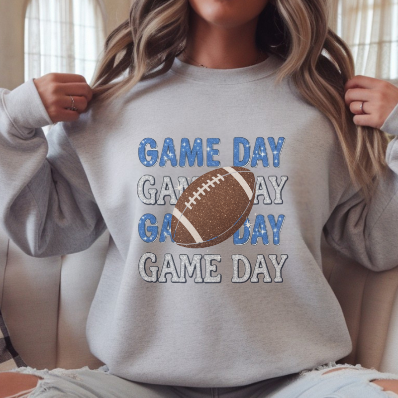 Game Day Football Shirt | Sparkly Glitter Football Graphic Tee | Cute Blue & Silver Football Shirt for Women | Trendy Sports Outfit