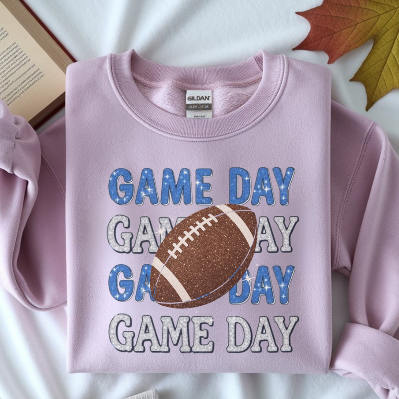Game Day Football Shirt | Sparkly Glitter Football Graphic Tee | Cute Blue & Silver Football Shirt for Women | Trendy Sports Outfit