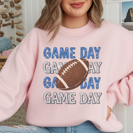 Game Day Football Shirt | Sparkly Glitter Football Graphic Tee | Cute Blue & Silver Football Shirt for Women | Trendy Sports Outfit