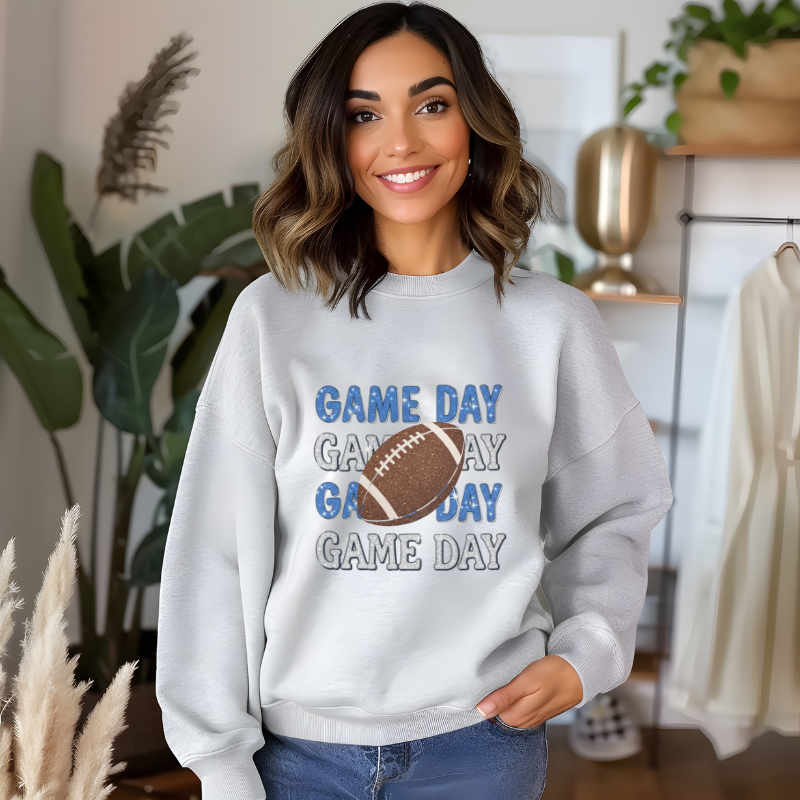 Game Day Football Shirt | Sparkly Glitter Football Graphic Tee | Cute Blue & Silver Football Shirt for Women | Trendy Sports Outfit