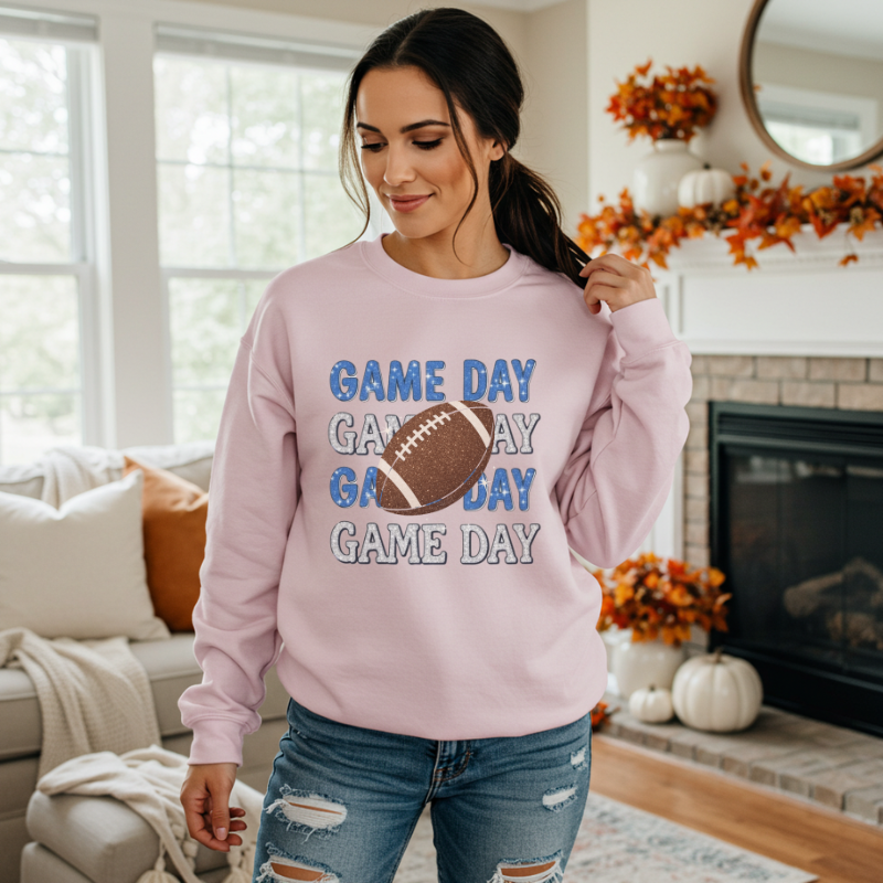 Game Day Football Shirt | Sparkly Glitter Football Graphic Tee | Cute Blue & Silver Football Shirt for Women | Trendy Sports Outfit