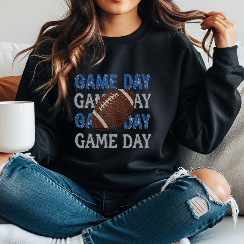 Game Day Football Shirt | Sparkly Glitter Football Graphic Tee | Cute Blue & Silver Football Shirt for Women | Trendy Sports Outfit