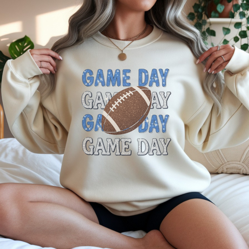 Game Day Football Shirt | Sparkly Glitter Football Graphic Tee | Cute Blue & Silver Football Shirt for Women | Trendy Sports Outfit