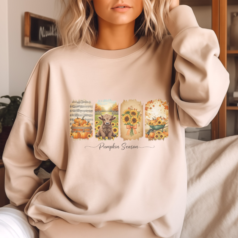 Pumpkin Season Fall Shirt | Rustic Autumn Graphic Tee with Sunflowers, Pumpkins & Highland Cow | Cozy Seasonal Outfit for Pumpkin Lovers