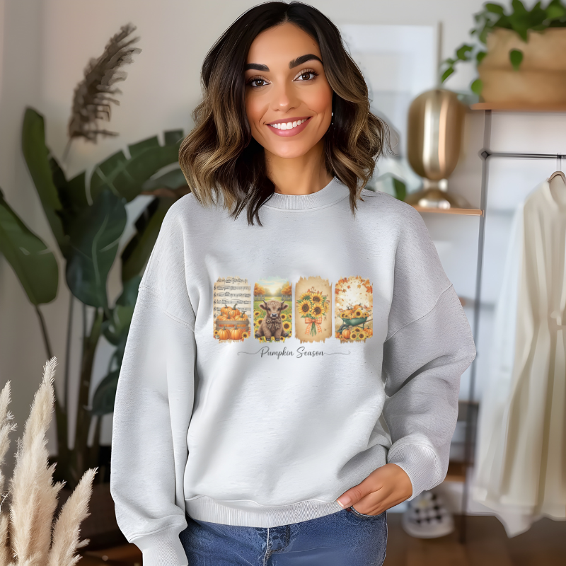 Pumpkin Season Fall Shirt | Rustic Autumn Graphic Tee with Sunflowers, Pumpkins & Highland Cow | Cozy Seasonal Outfit for Pumpkin Lovers