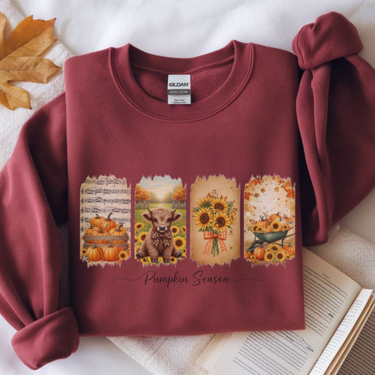 Pumpkin Season Fall Shirt | Rustic Autumn Graphic Tee with Sunflowers, Pumpkins & Highland Cow | Cozy Seasonal Outfit for Pumpkin Lovers
