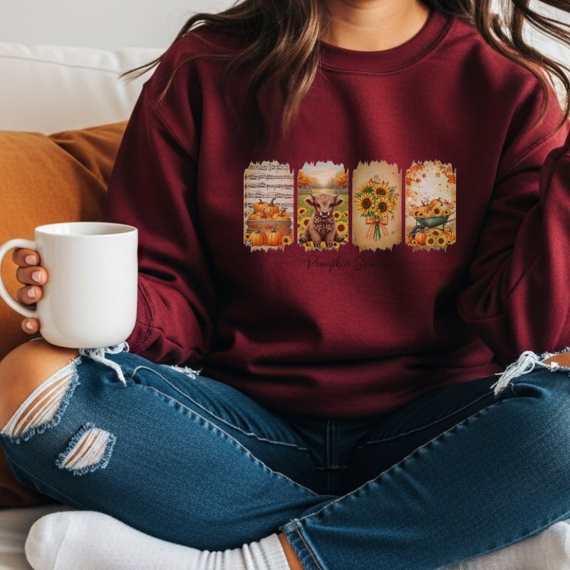 Pumpkin Season Fall Shirt | Rustic Autumn Graphic Tee with Sunflowers, Pumpkins & Highland Cow | Cozy Seasonal Outfit for Pumpkin Lovers