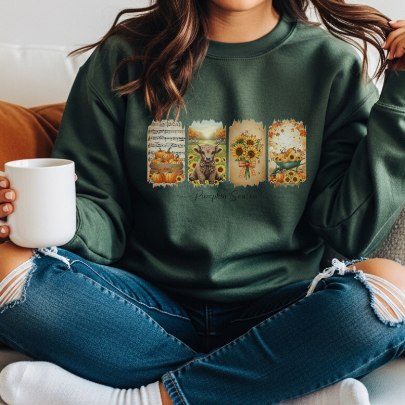 Pumpkin Season Fall Shirt | Rustic Autumn Graphic Tee with Sunflowers, Pumpkins & Highland Cow | Cozy Seasonal Outfit for Pumpkin Lovers