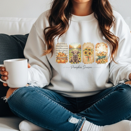 Pumpkin Season Fall Shirt | Rustic Autumn Graphic Tee with Sunflowers, Pumpkins & Highland Cow | Cozy Seasonal Outfit for Pumpkin Lovers