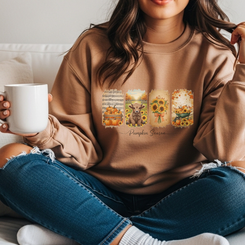 Pumpkin Season Fall Shirt | Rustic Autumn Graphic Tee with Sunflowers, Pumpkins & Highland Cow | Cozy Seasonal Outfit for Pumpkin Lovers
