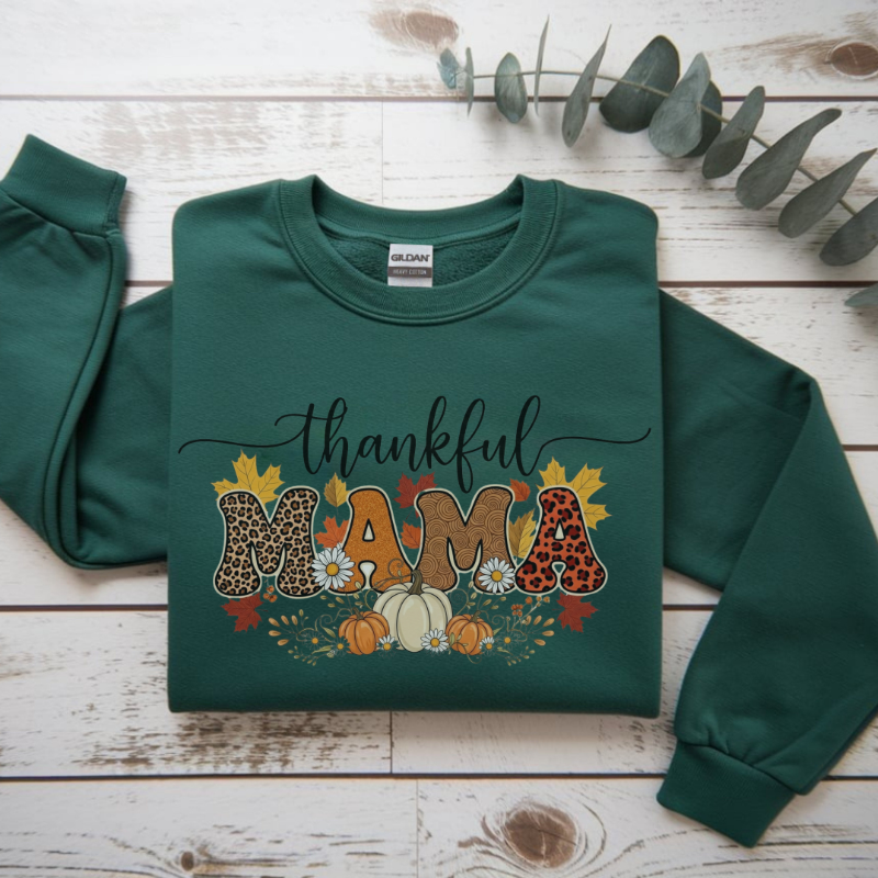Thankful MAMA Shirt | Fall Graphic Tee with Pumpkins & Leopard Print | Cute Thanksgiving Outfit for Moms | Seasonal Gift for Mama