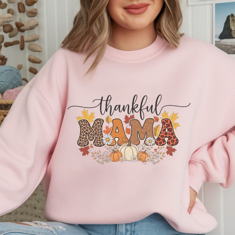 Thankful MAMA Shirt | Fall Graphic Tee with Pumpkins & Leopard Print | Cute Thanksgiving Outfit for Moms | Seasonal Gift for Mama
