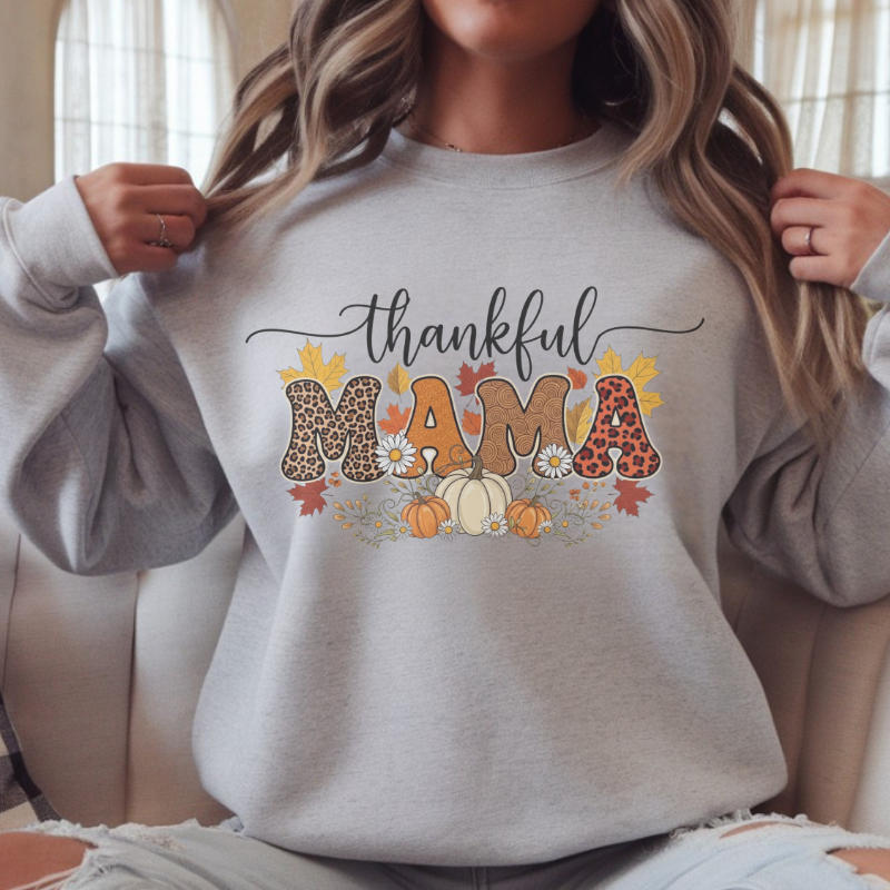 Thankful MAMA Shirt | Fall Graphic Tee with Pumpkins & Leopard Print | Cute Thanksgiving Outfit for Moms | Seasonal Gift for Mama