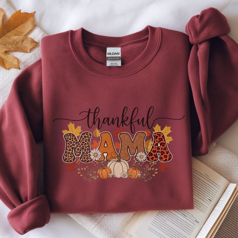 Thankful MAMA Shirt | Fall Graphic Tee with Pumpkins & Leopard Print | Cute Thanksgiving Outfit for Moms | Seasonal Gift for Mama