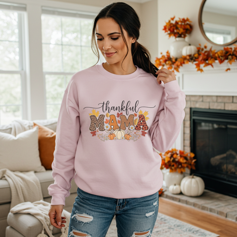 Thankful MAMA Shirt | Fall Graphic Tee with Pumpkins & Leopard Print | Cute Thanksgiving Outfit for Moms | Seasonal Gift for Mama