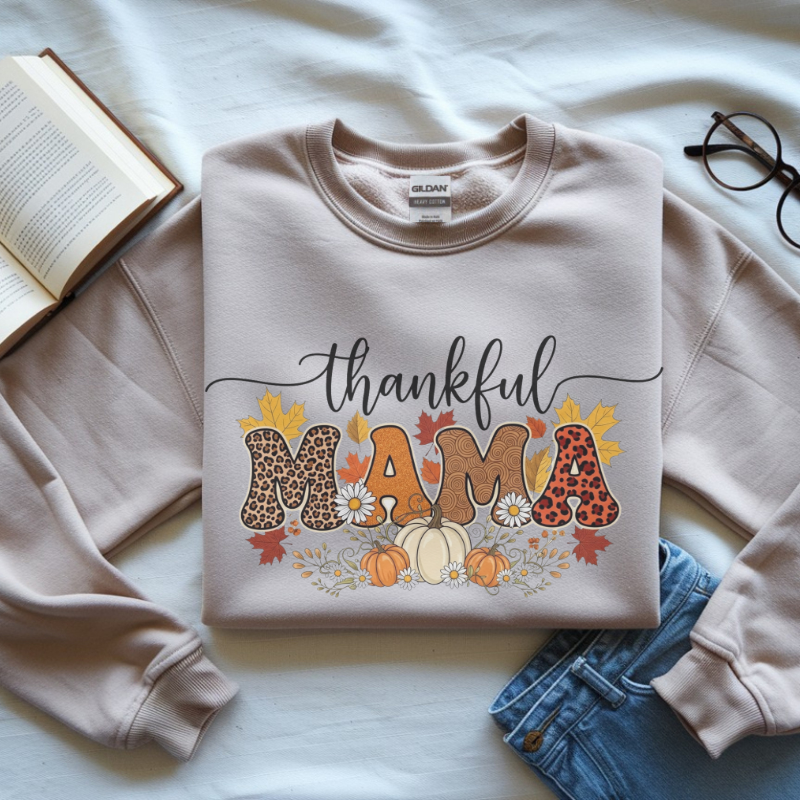 Thankful MAMA Shirt | Fall Graphic Tee with Pumpkins & Leopard Print | Cute Thanksgiving Outfit for Moms | Seasonal Gift for Mama