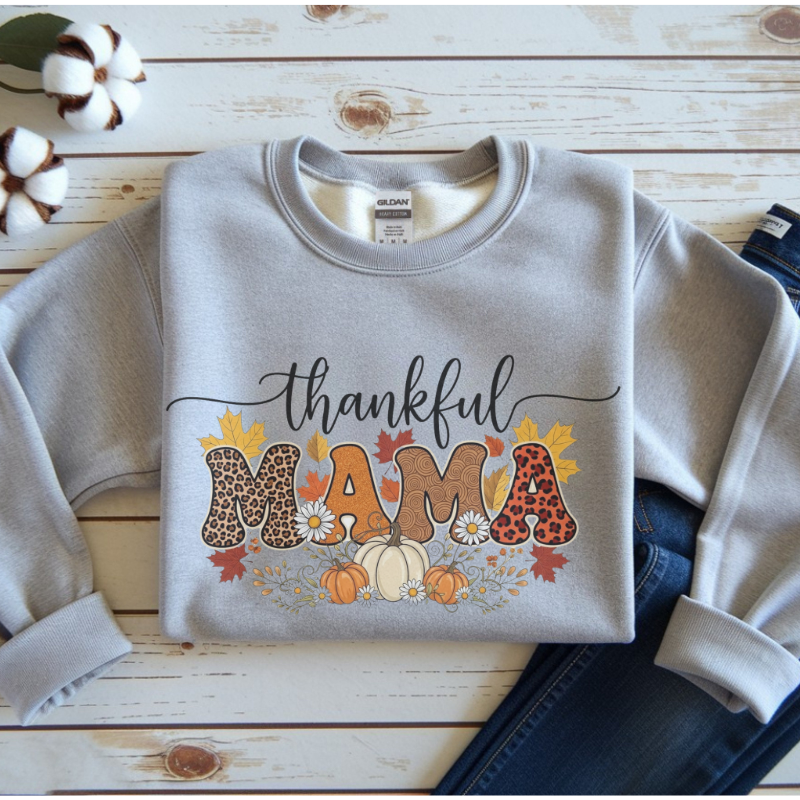 Thankful MAMA Shirt | Fall Graphic Tee with Pumpkins & Leopard Print | Cute Thanksgiving Outfit for Moms | Seasonal Gift for Mama