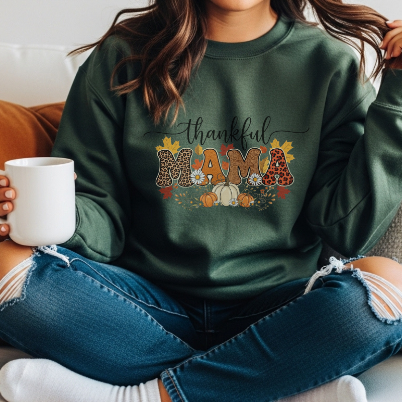 Thankful MAMA Shirt | Fall Graphic Tee with Pumpkins & Leopard Print | Cute Thanksgiving Outfit for Moms | Seasonal Gift for Mama