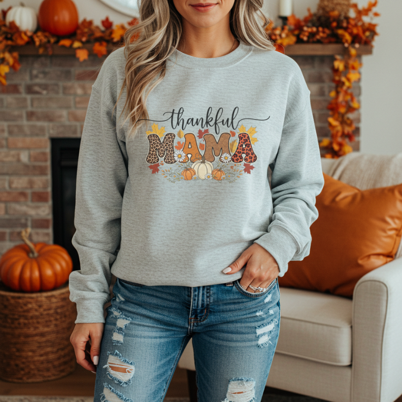 Thankful MAMA Shirt | Fall Graphic Tee with Pumpkins & Leopard Print | Cute Thanksgiving Outfit for Moms | Seasonal Gift for Mama