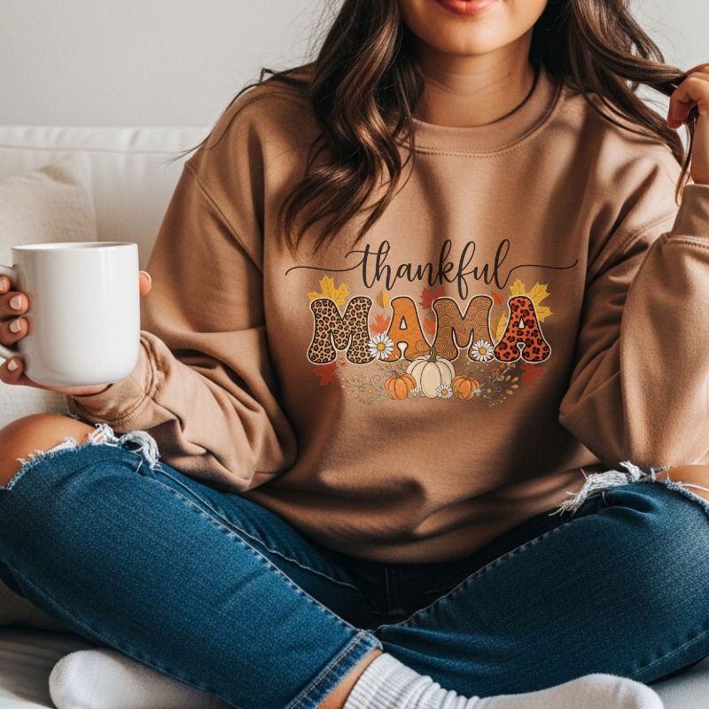 Thankful MAMA Shirt | Fall Graphic Tee with Pumpkins & Leopard Print | Cute Thanksgiving Outfit for Moms | Seasonal Gift for Mama