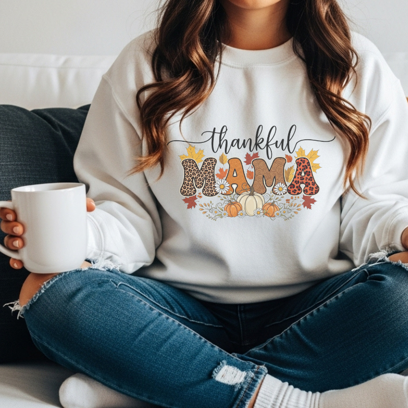Thankful MAMA Shirt | Fall Graphic Tee with Pumpkins & Leopard Print | Cute Thanksgiving Outfit for Moms | Seasonal Gift for Mama