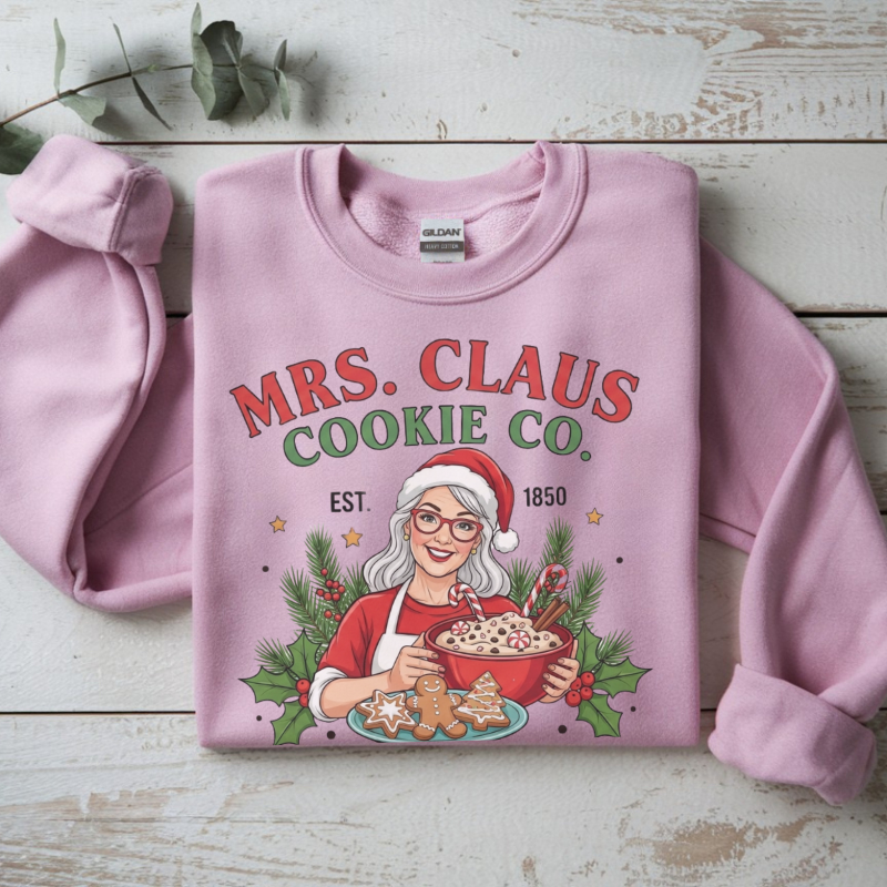 Mrs. Claus Cookie Co. Sweatshirt | Retro Christmas Baking Crewneck | Festive Holiday Cocoa and Cookie Cozy Christmas Sweater