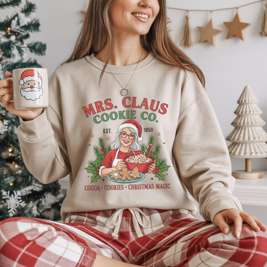 Mrs. Claus Cookie Co. Sweatshirt | Retro Christmas Baking Crewneck | Festive Holiday Cocoa and Cookie Cozy Christmas Sweater