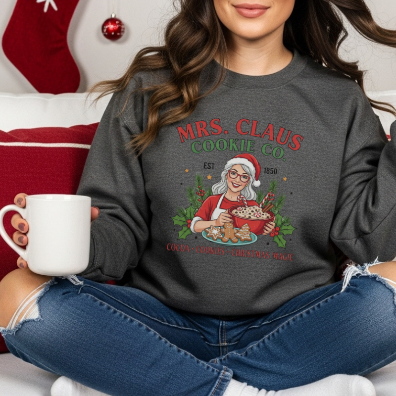 Mrs. Claus Cookie Co. Sweatshirt | Retro Christmas Baking Crewneck | Festive Holiday Cocoa and Cookie Cozy Christmas Sweater