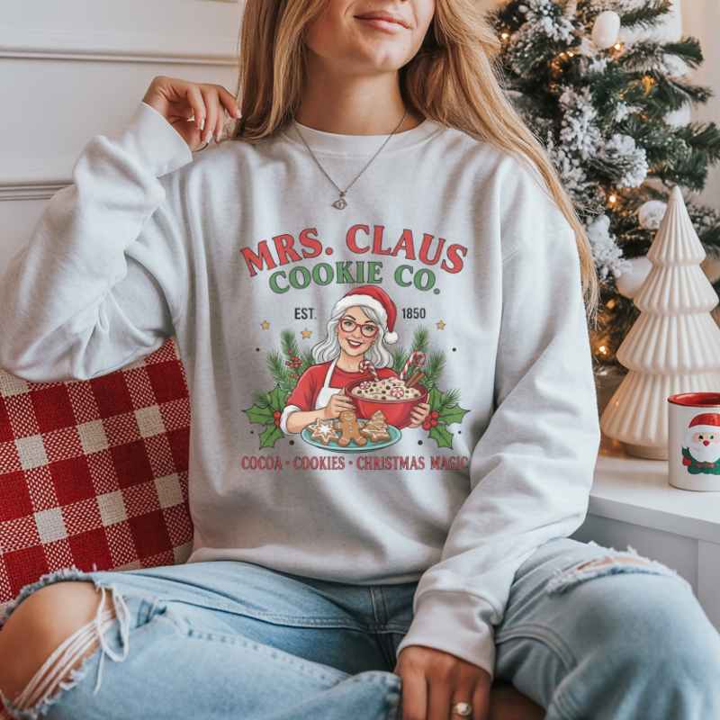 Mrs. Claus Cookie Co. Sweatshirt | Retro Christmas Baking Crewneck | Festive Holiday Cocoa and Cookie Cozy Christmas Sweater