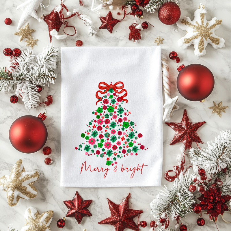 Merry & Bright Floral Christmas Tree Hand Towel | 28x16 Holiday Kitchen Towel | Festive Home Decor & Gift