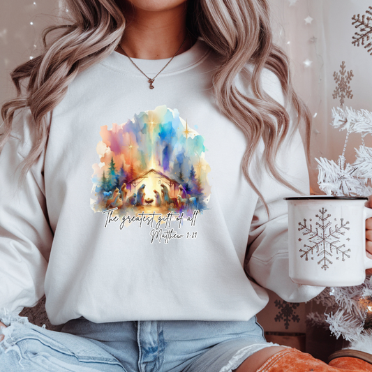 The Greatest Gift of All Nativity Sweatshirt | Watercolor Christmas Decor | Faith Wall Art | Holy Family Gift | Christian Holiday Collection