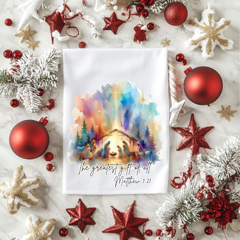 The Greatest Gift of All Nativity Hand Towel | Watercolor Christmas Decor | Faith Wall Art | Holy Family Gift | Christian Holiday Collection